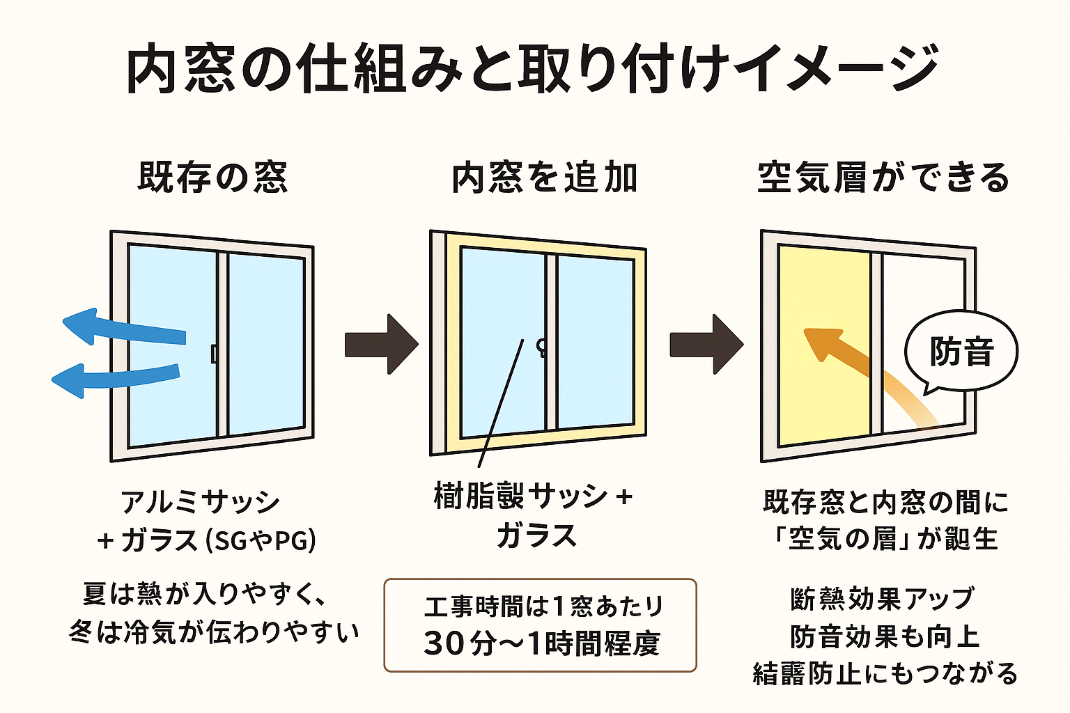 内窓の仕組みと取り付けイメージ